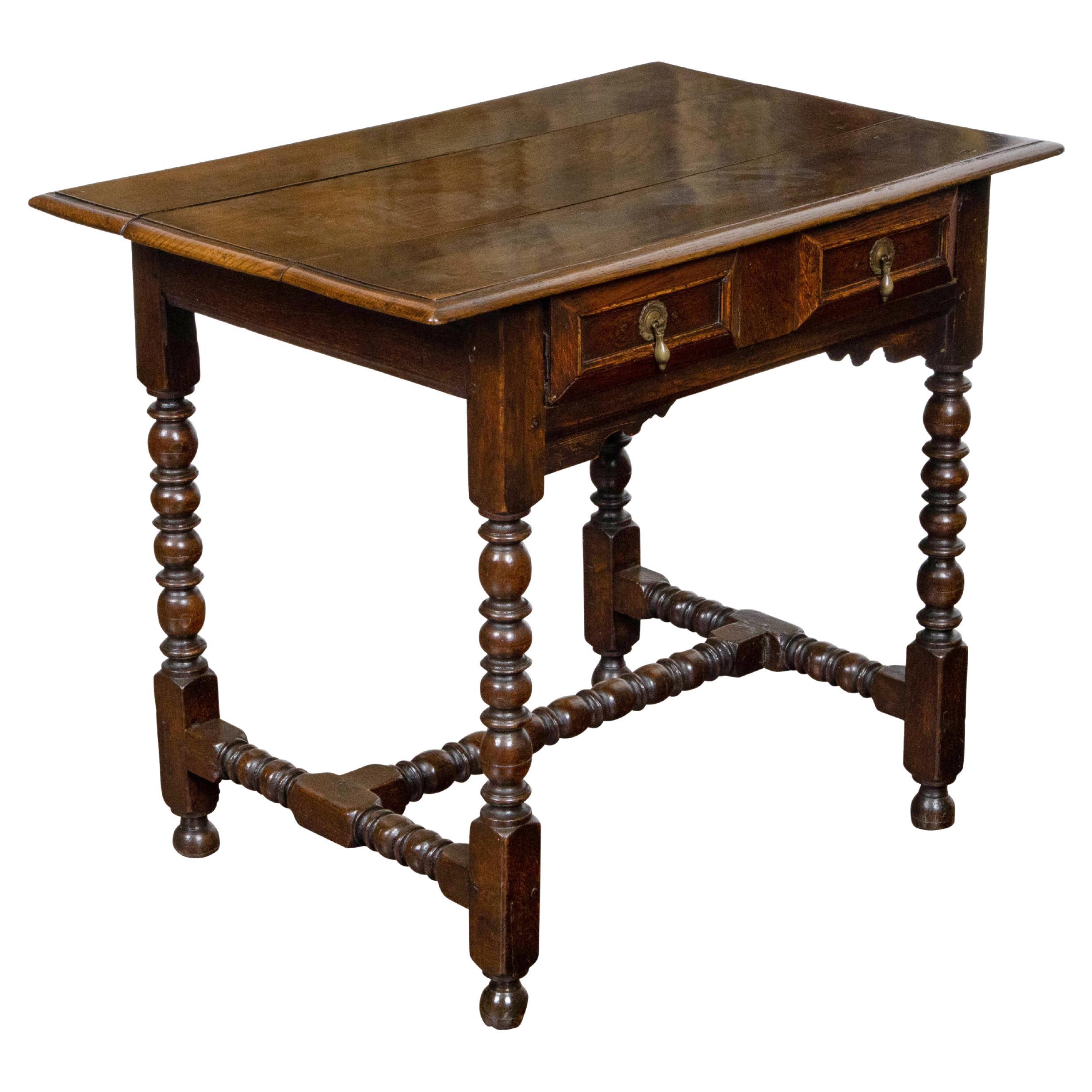 English Oak 19th Century Bobbin Legs Side Table with Geometric Font Drawer