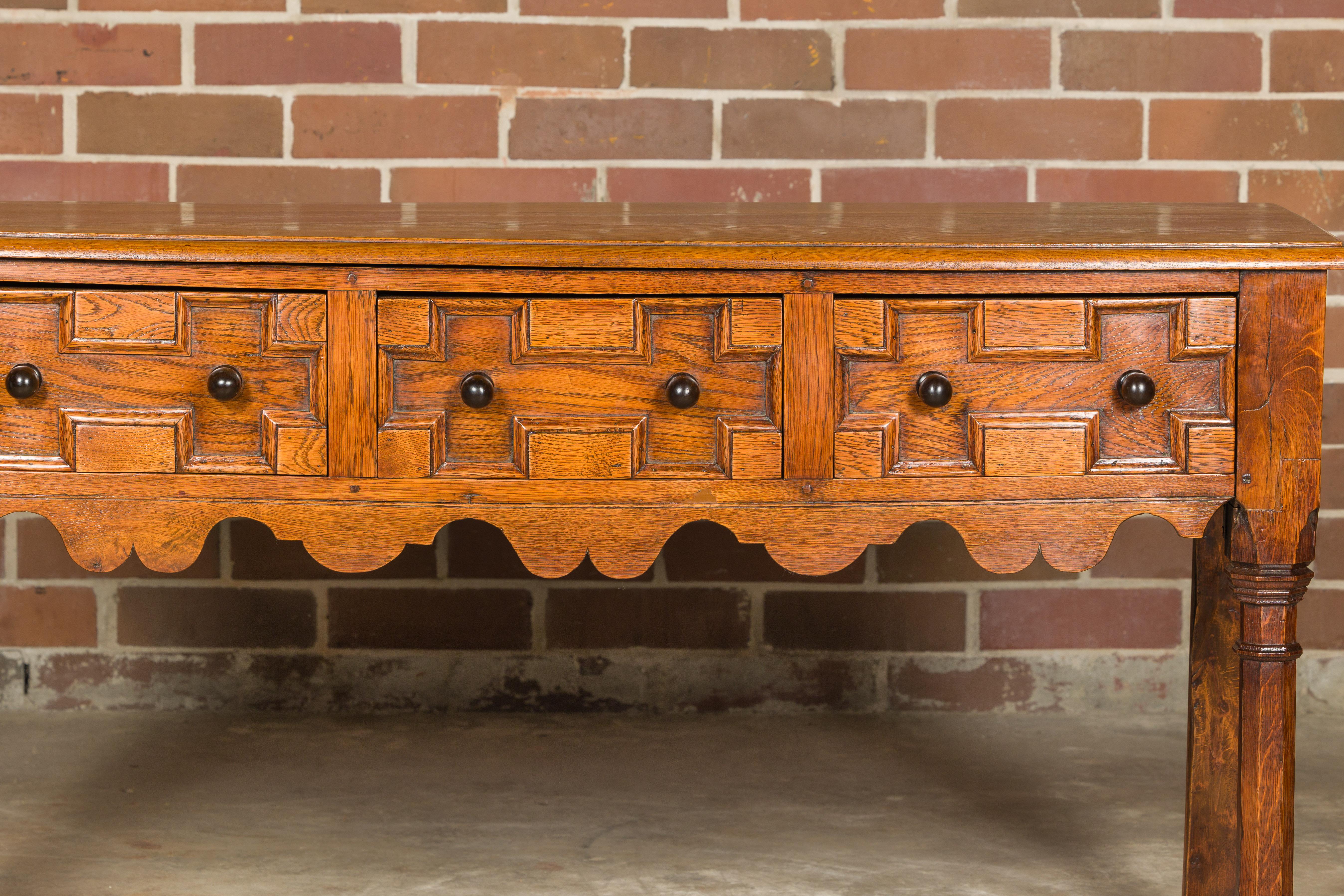 English Oak 19th Century Geometric Front Dresser Base with Three Drawers For Sale 1