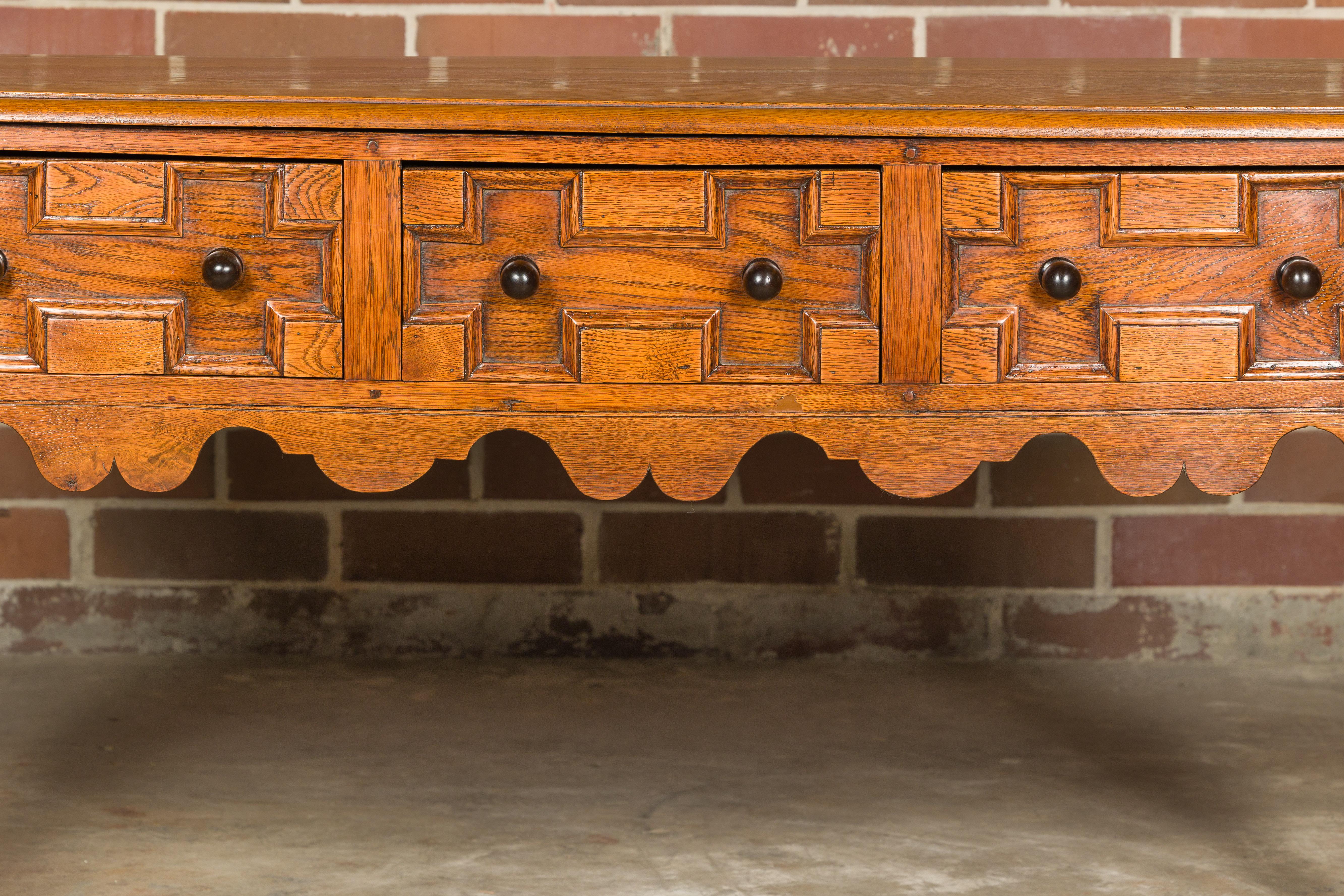 English Oak 19th Century Geometric Front Dresser Base with Three Drawers For Sale 5