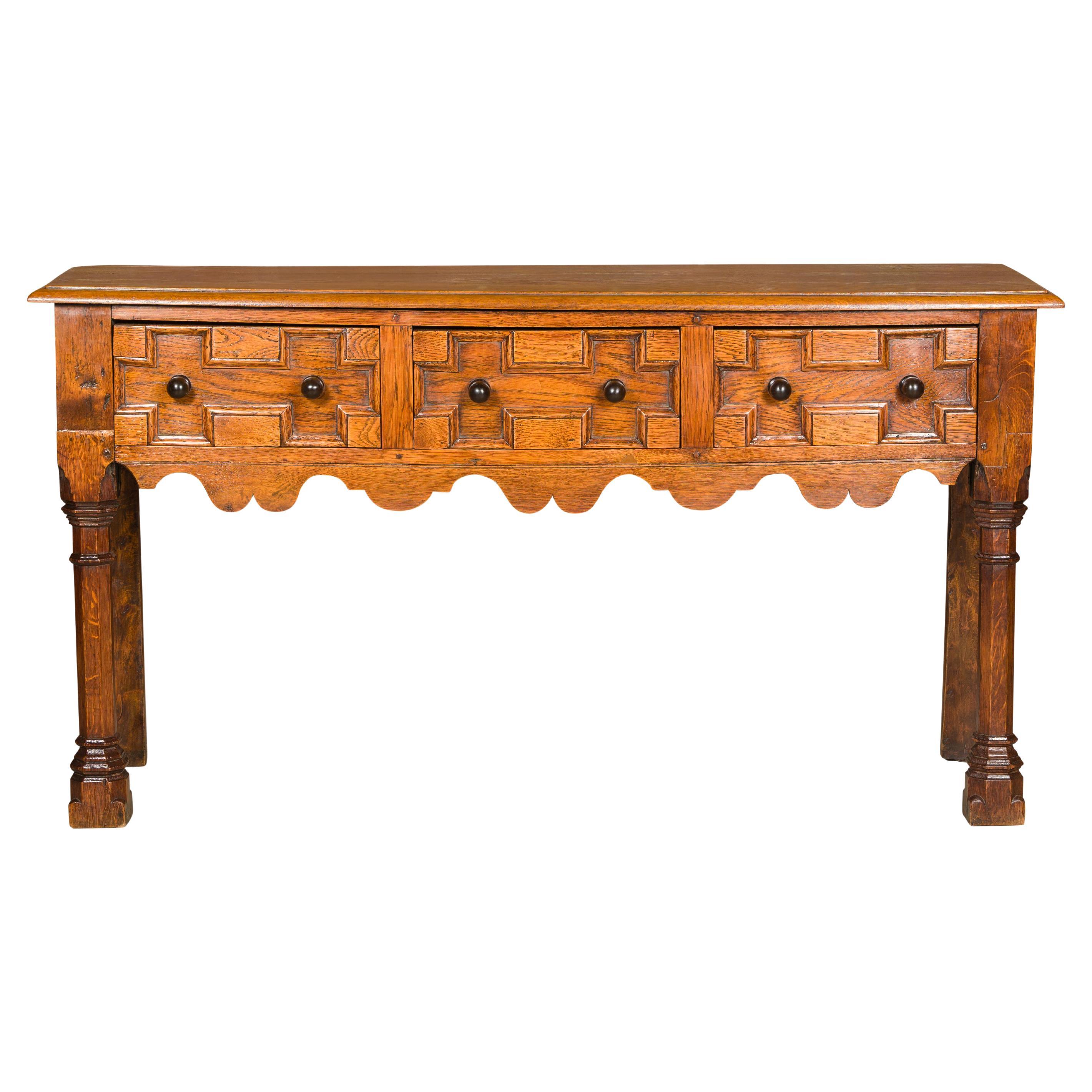 English Oak 19th Century Geometric Front Dresser Base with Three Drawers For Sale