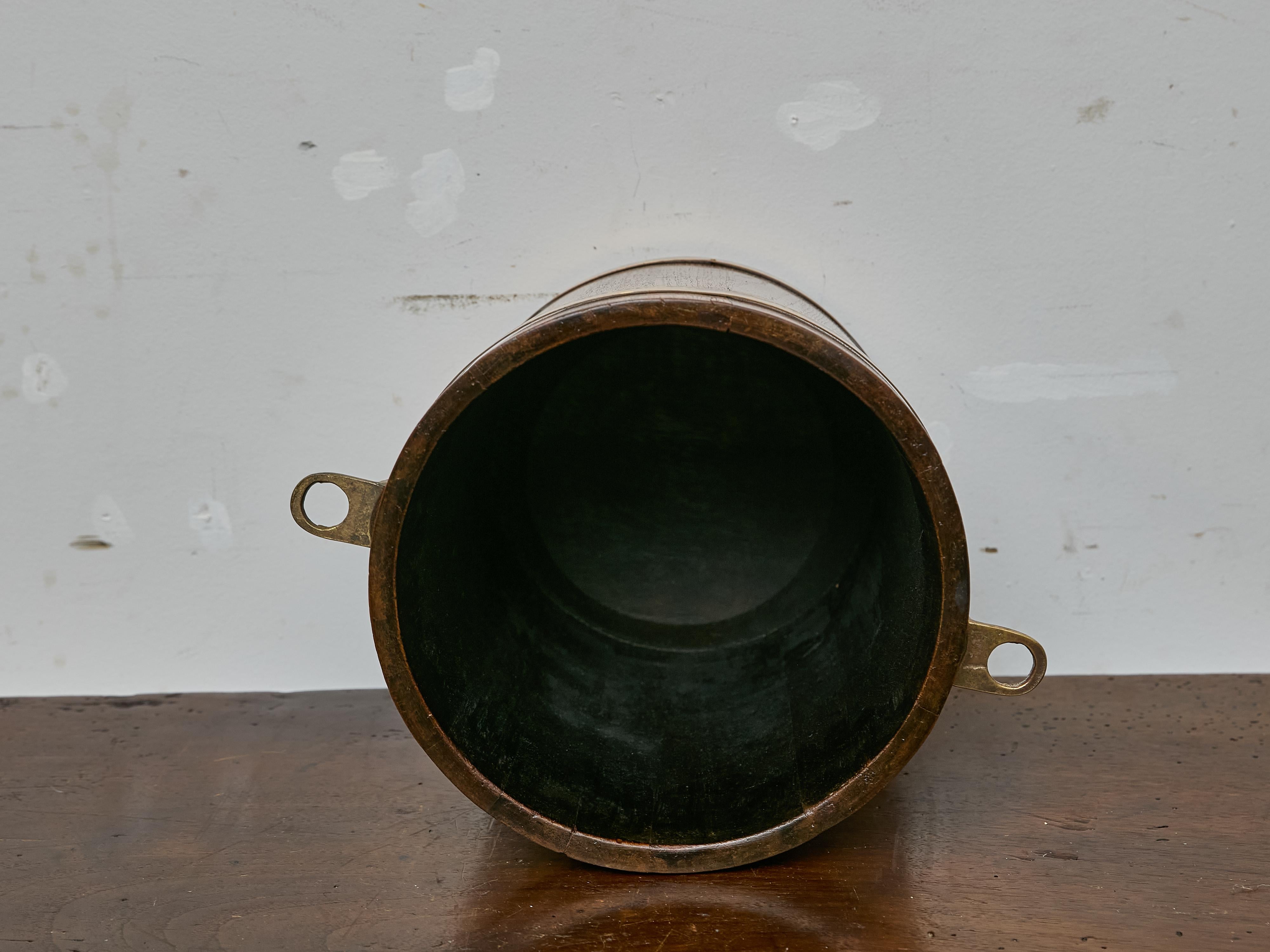Hand-Crafted English Oak and Brass Bucket with Side Lugs, 19th Century For Sale