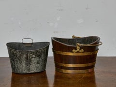 English Oak and Brass Bucket with Tin Liner and Large Handle, 19th Century