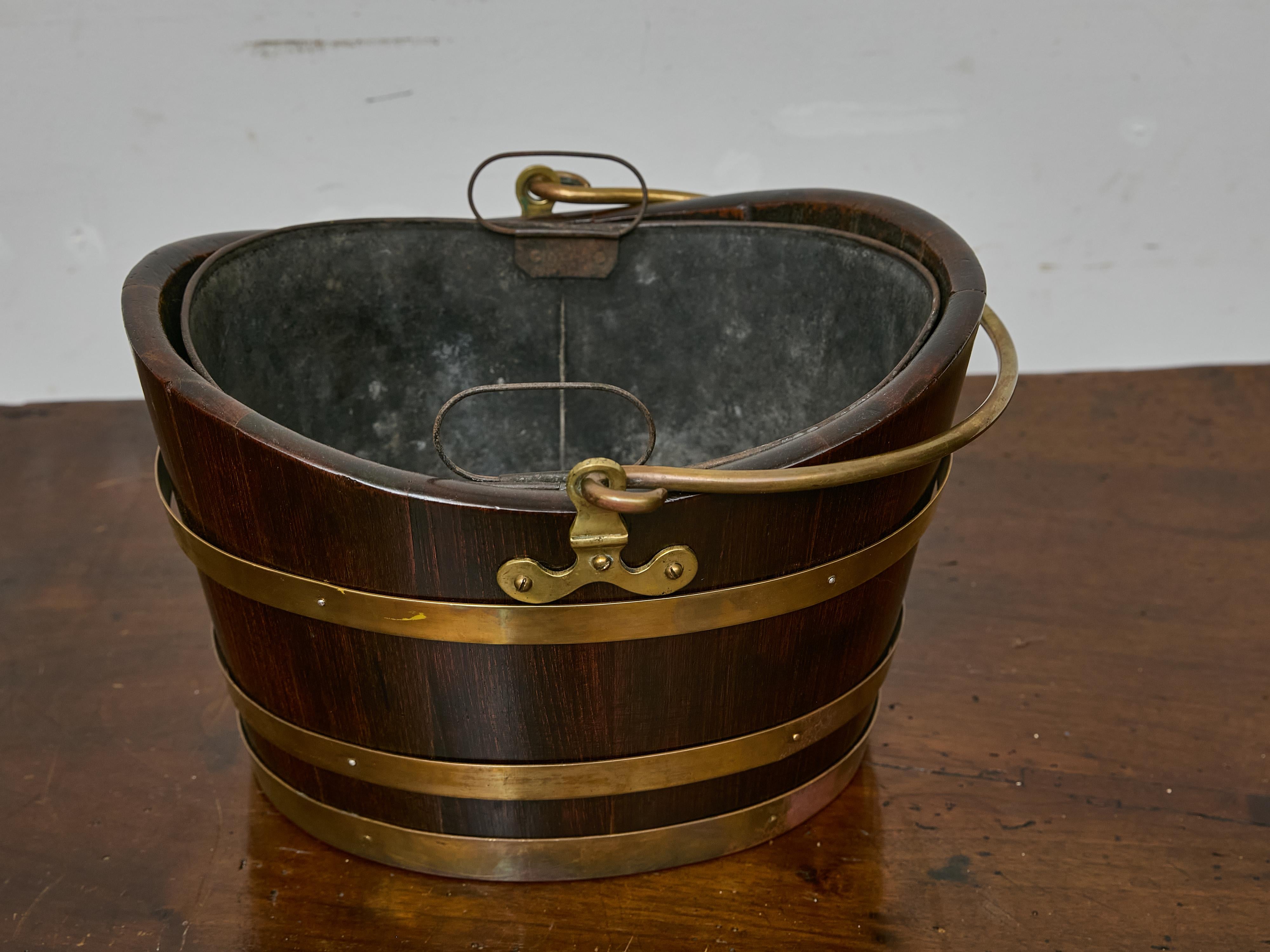 Rustic English Oak and Brass Bucket with Tin Liner and Large Handle, 19th Century For Sale