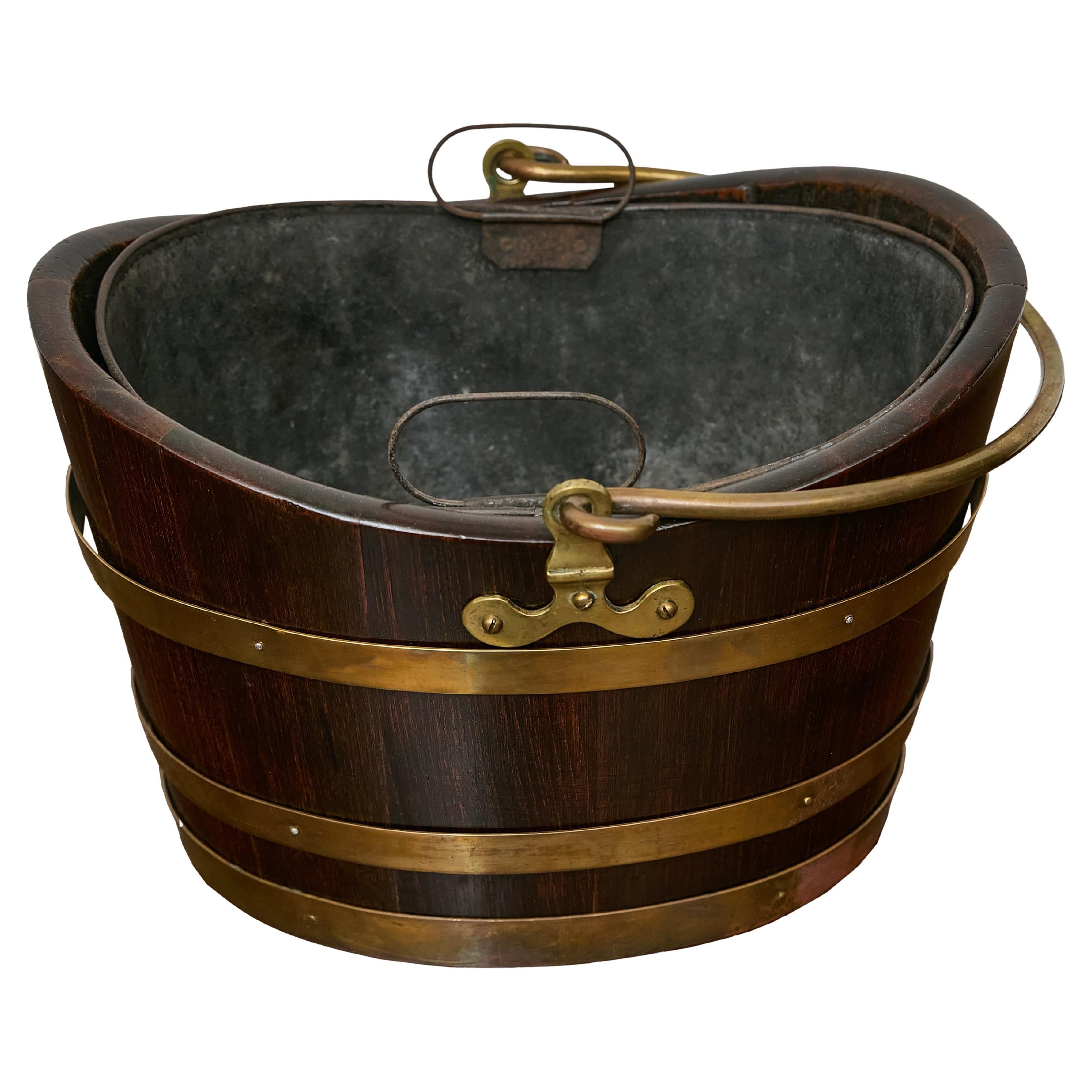 English Oak and Brass Bucket with Tin Liner and Large Handle, 19th Century
