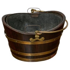 English Oak and Brass Bucket with Tin Liner and Large Handle, 19th Century