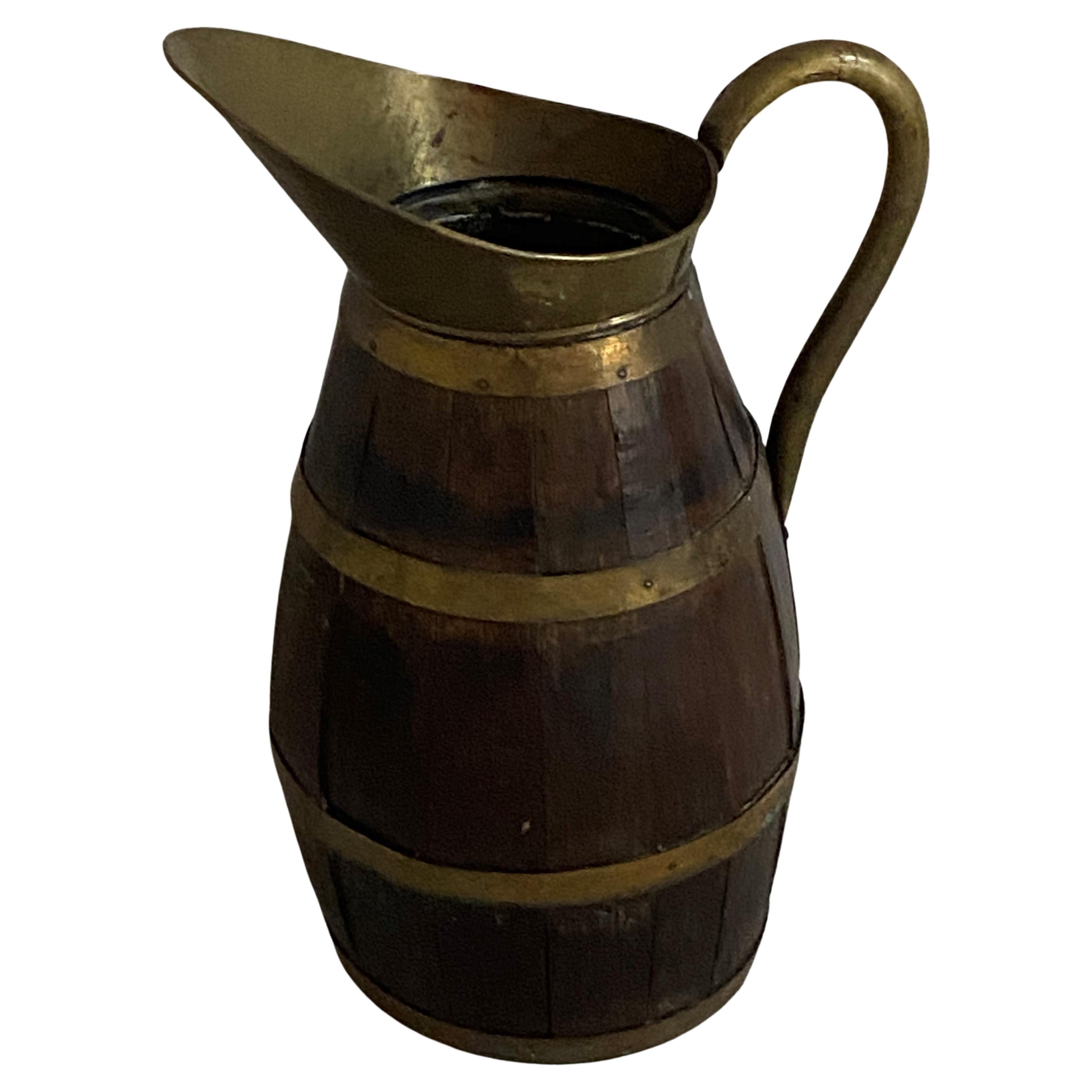 English Oak and Brass Large Treen Pitcher, late 19th C.