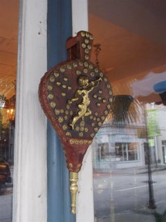 English Oak and Brass Trumpeted Cherub Leather Bellow, Circa 1830