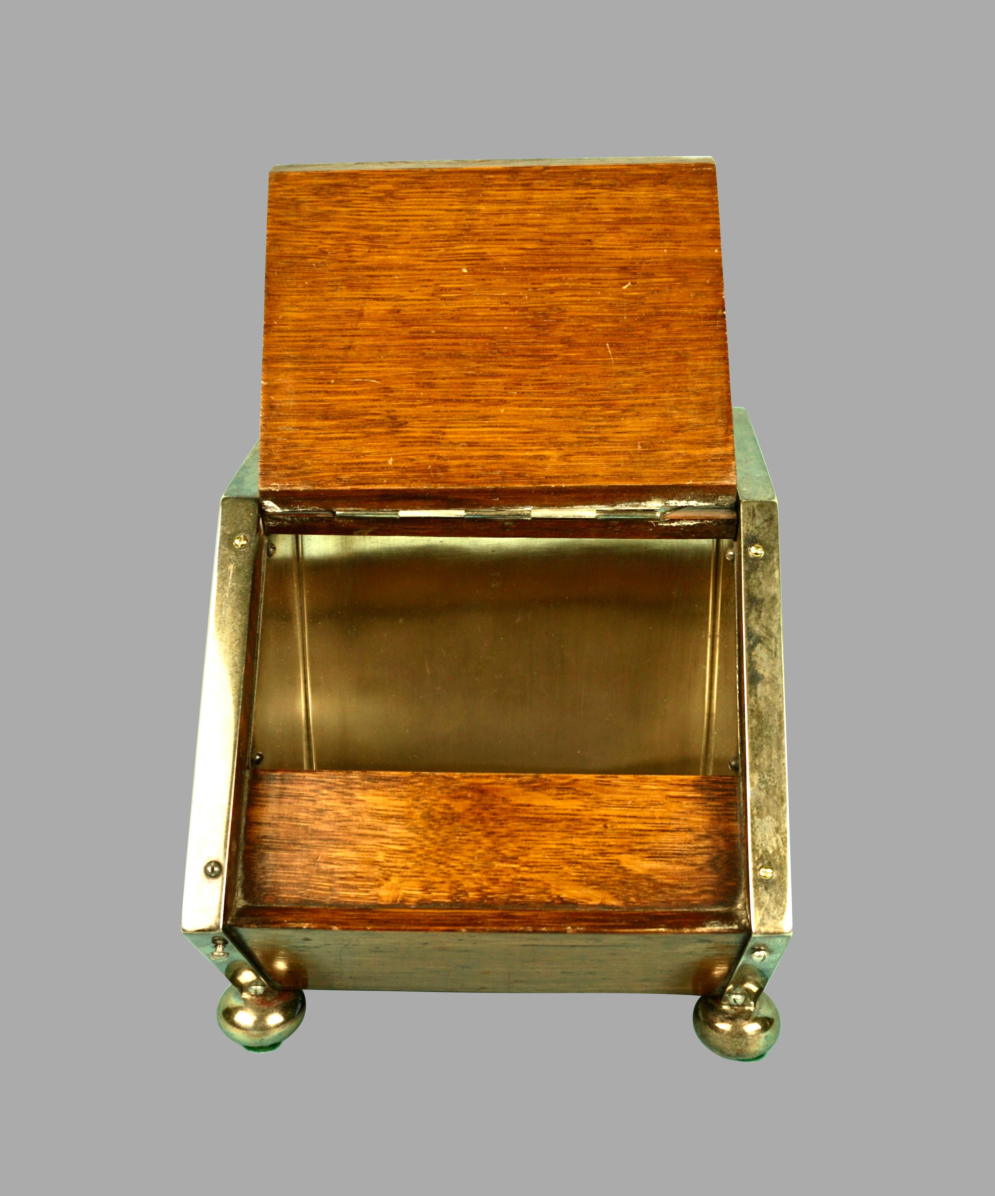 Victorian English Oak and Silver Plate Biscuit Box in the Form of a Coal Scuttle