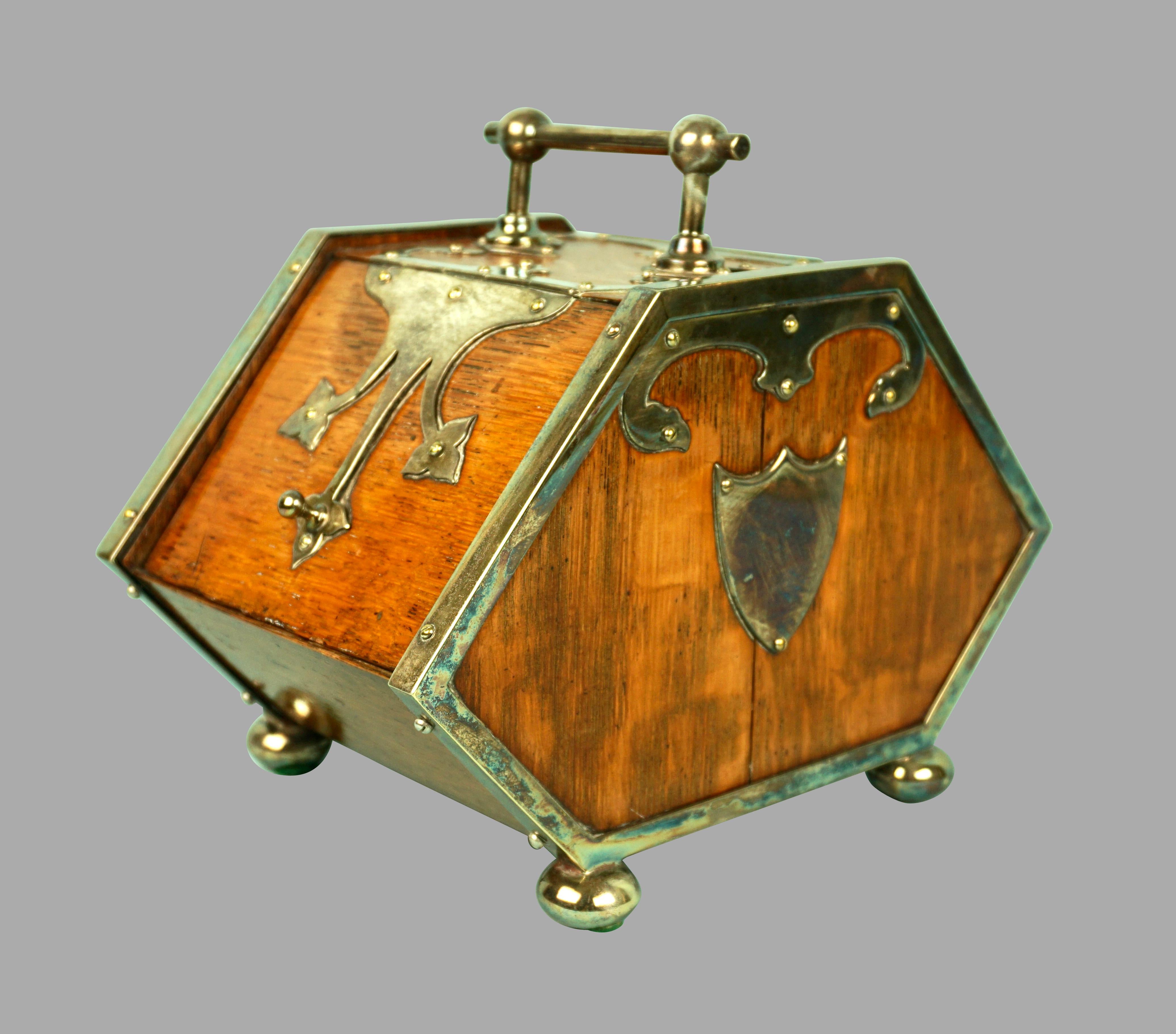 19th Century English Oak and Silver Plate Biscuit Box in the Form of a Coal Scuttle