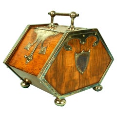 Antique English Oak and Silver Plate Biscuit Box in the Form of a Coal Scuttle