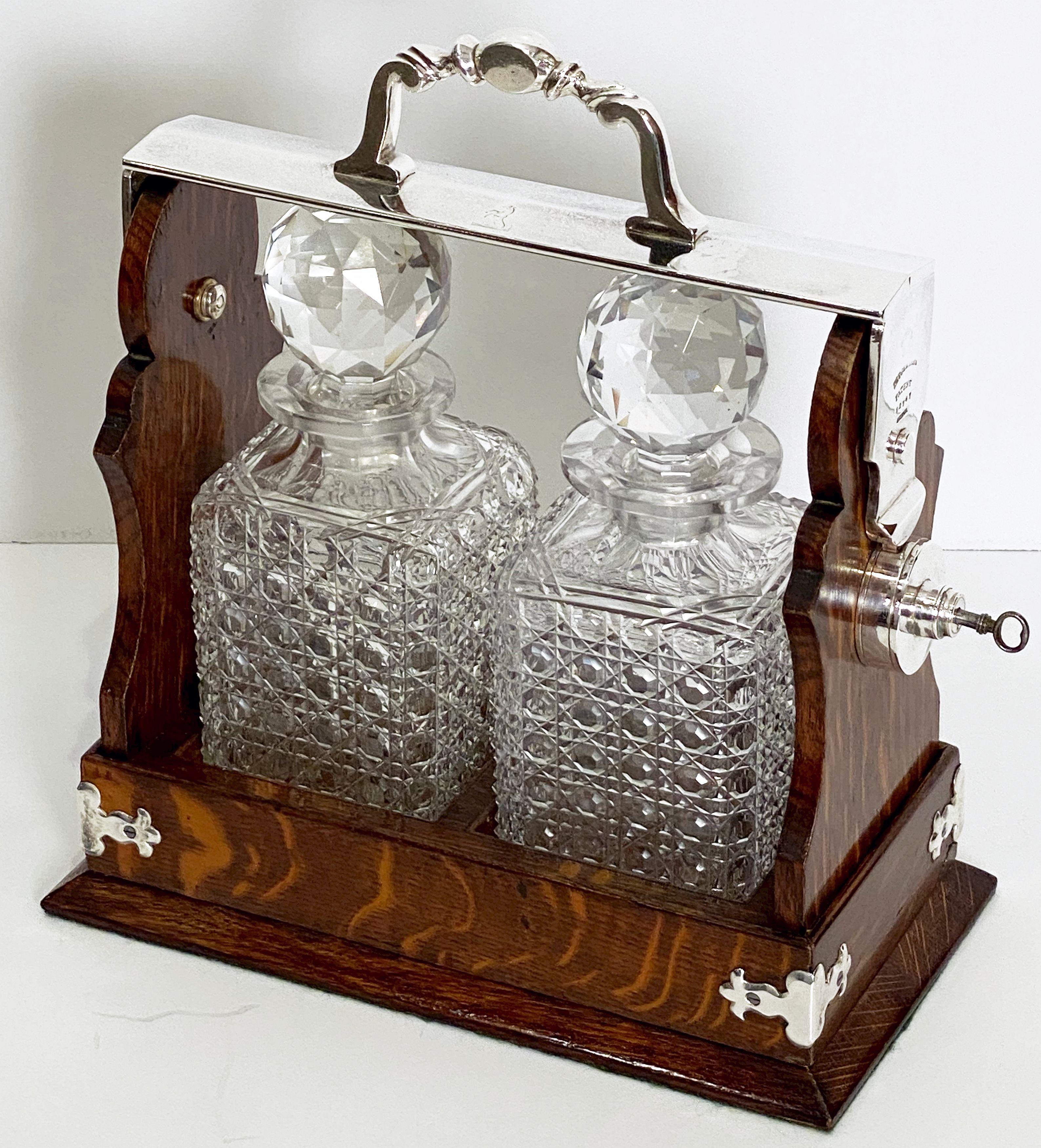 English Oak and Silver Tantalus or Decanter Drinks Set by Betjemann's 1