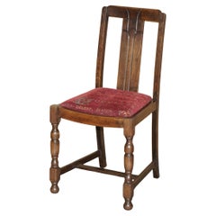 ENGLISH OAK ART DECO HALL CHAiR WITH LATIN INSCRIBED SEAT UPHOLSTERY