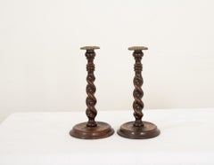 English Oak Barley Twist Candlesticks