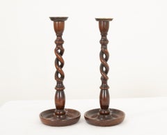 English Oak Barley Twist Candlesticks