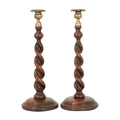 English Oak Barley Twist Candlesticks