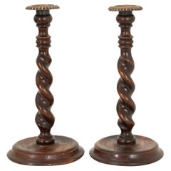 English Oak Barley Twist Candlesticks