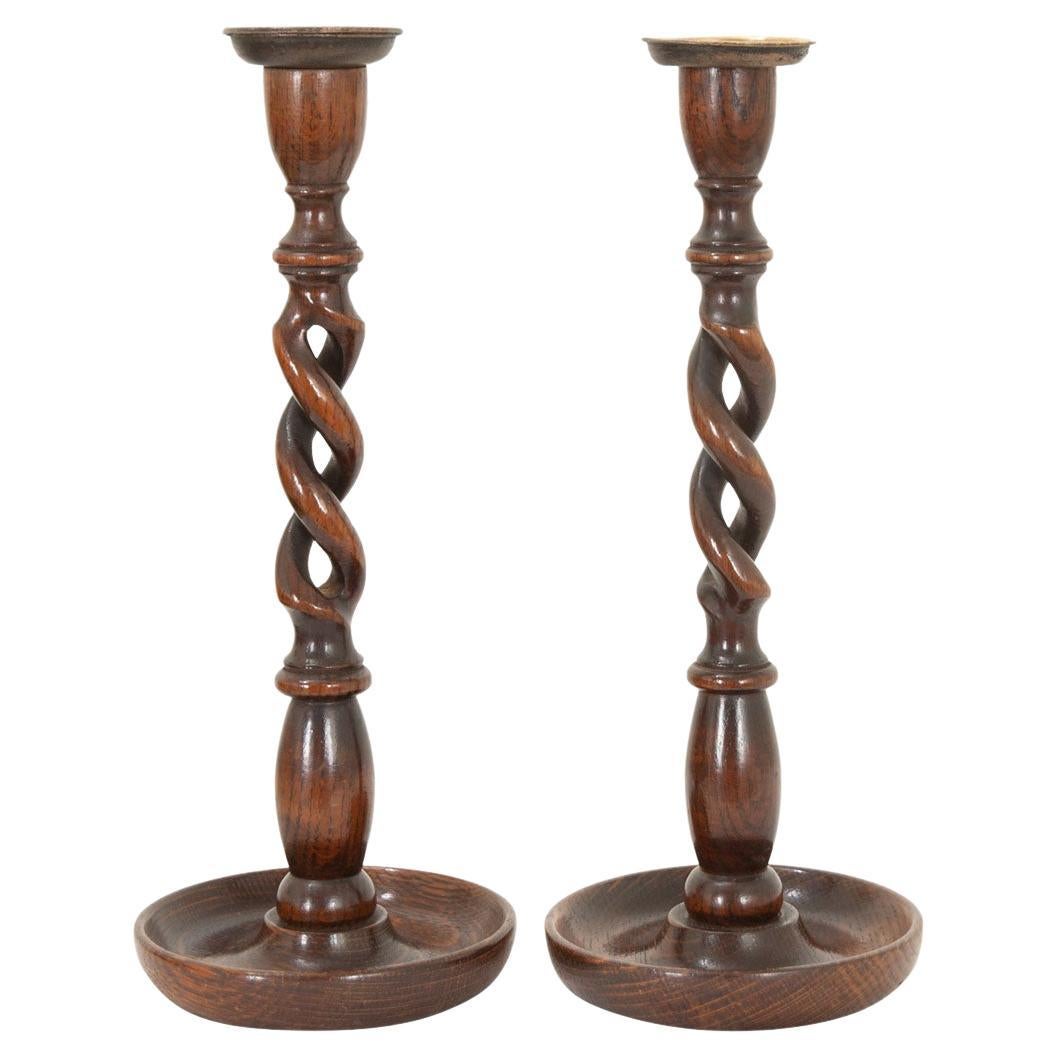 English Oak Barley Twist Candlesticks