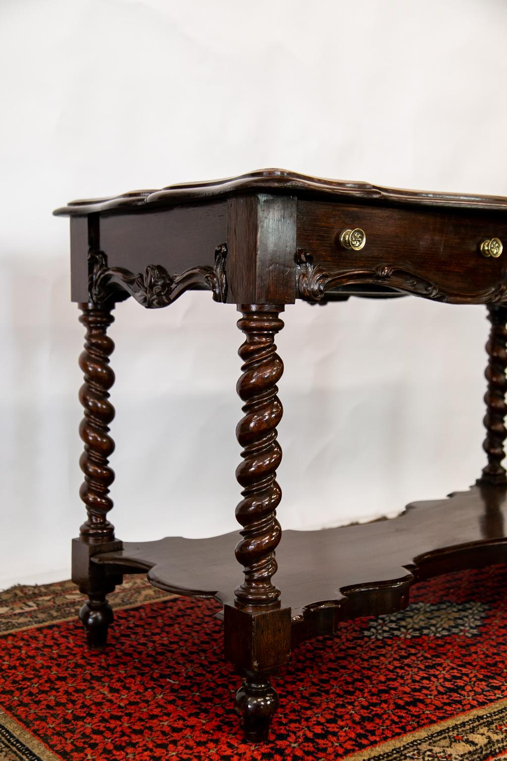 Brass English Oak Barley Twist Center Serving Table For Sale