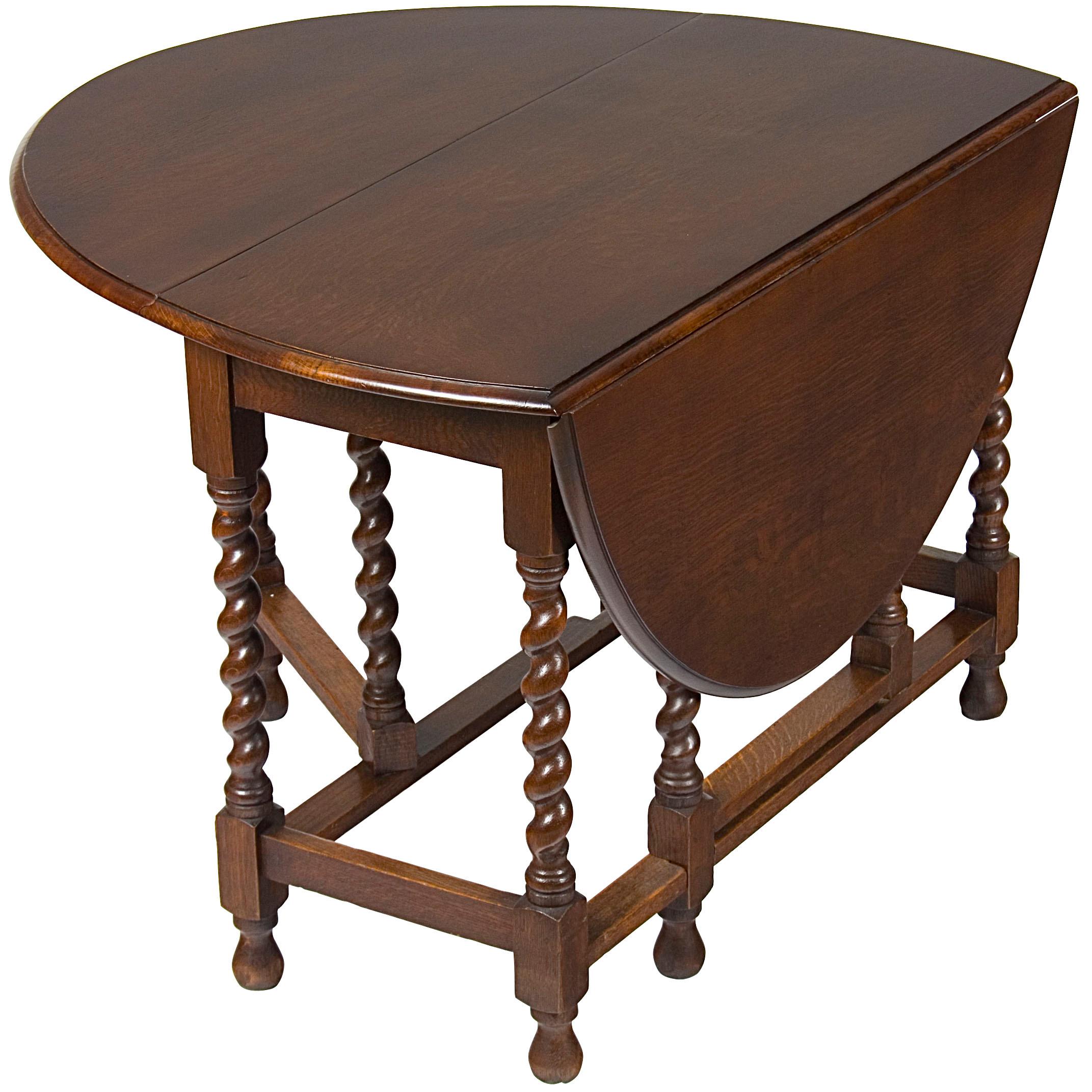 English Oak Barley Twist Gate Leg Drop-Leaf Side Sofa End Table