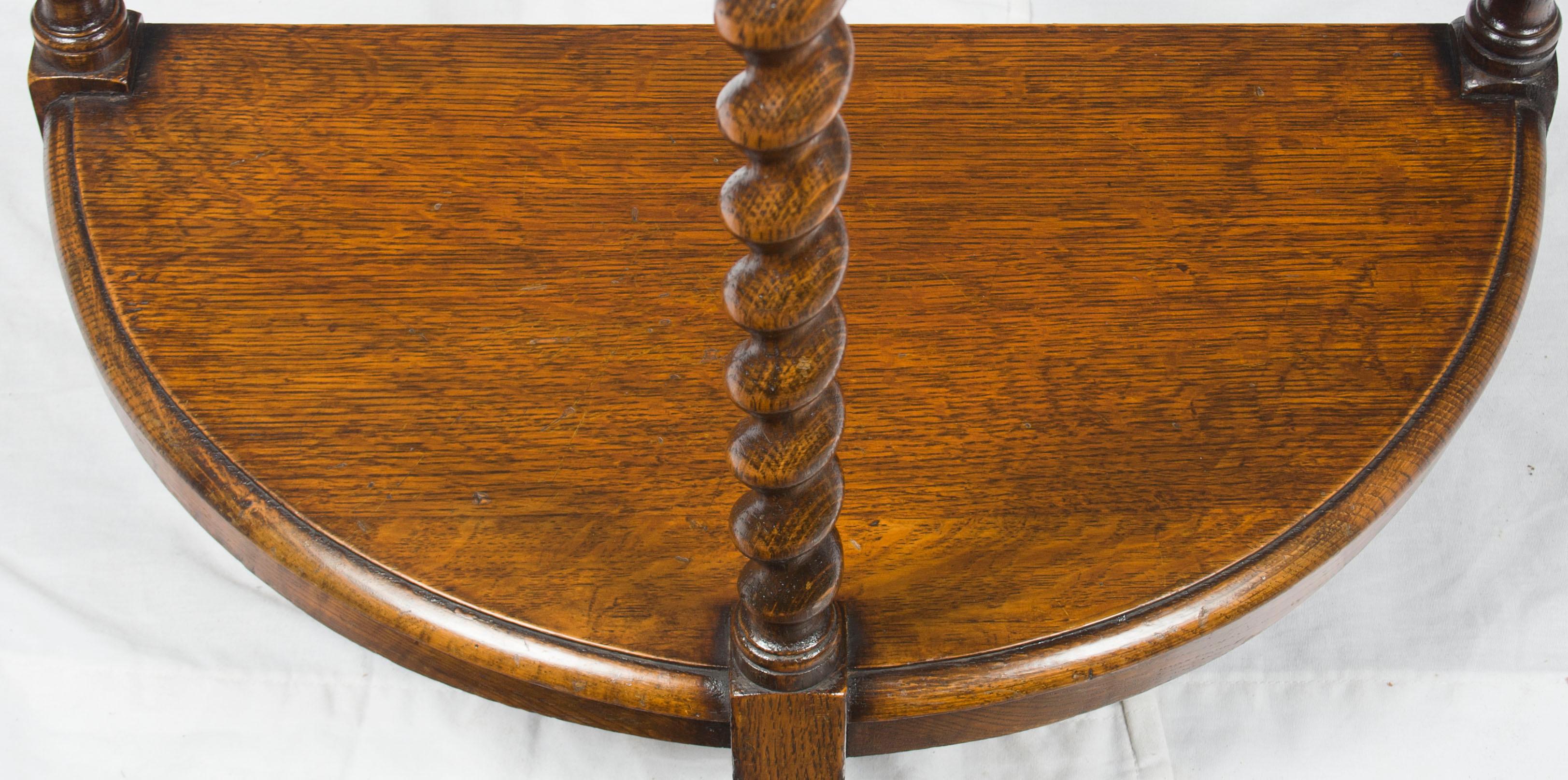 English Oak Barley Twist Half Moon Demilune Hall Side Table For Sale 3