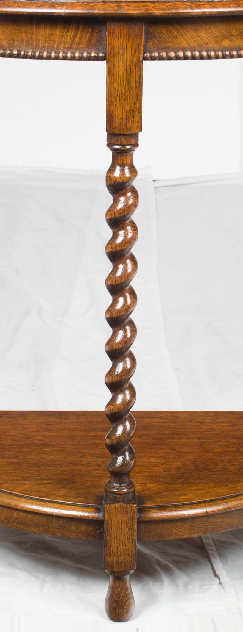 English Oak Barley Twist Half Moon Demilune Hall Side Table For Sale 4