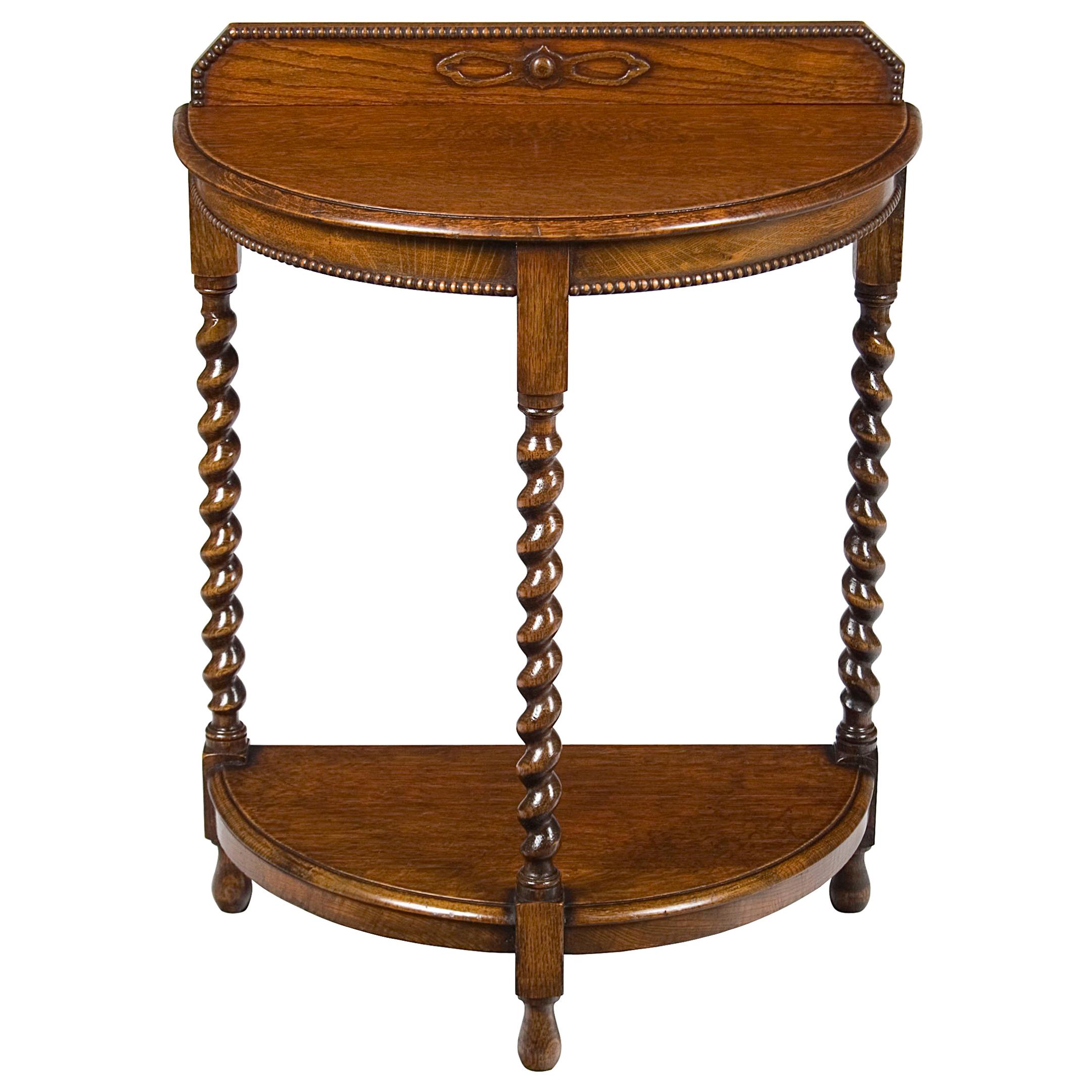 English Oak Barley Twist Half Moon Demilune Hall Side Table For Sale