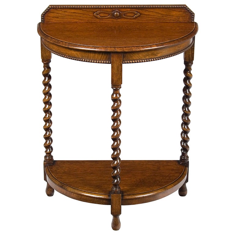 English Oak Barley Twist Half Moon Demilune Hall Side Table For Sale at
