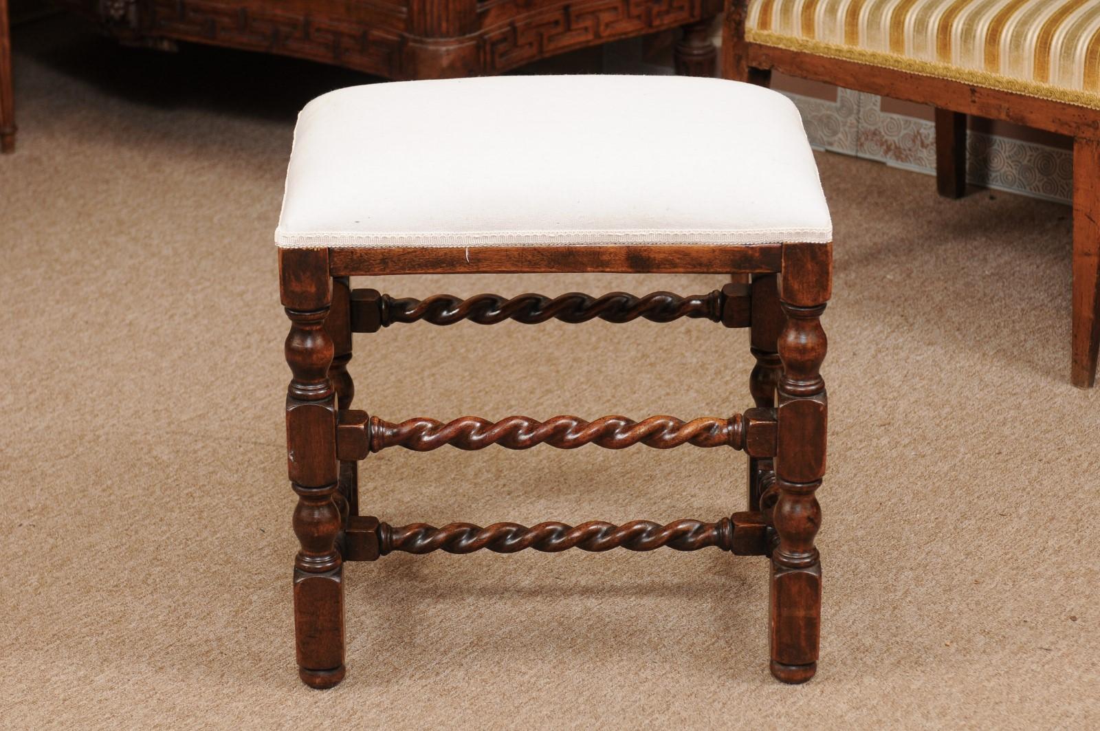 Linen English Oak Barley Twist Stool, circa 1900