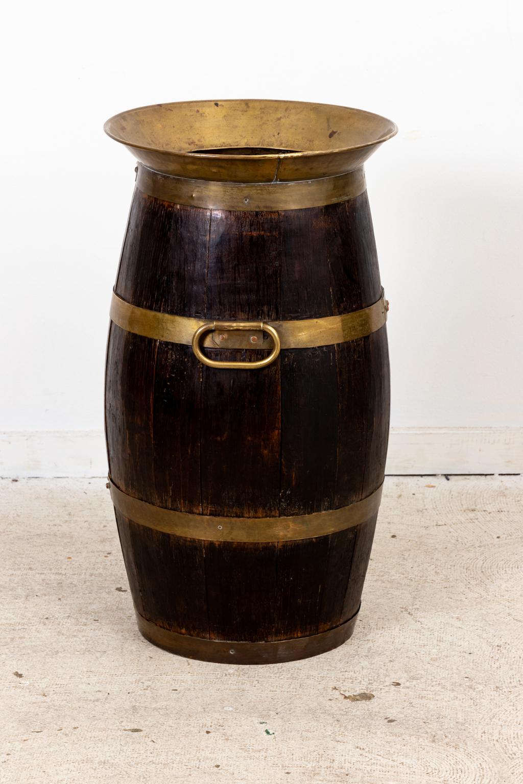 Brass English Oak Barrel Umbrella Stand For Sale