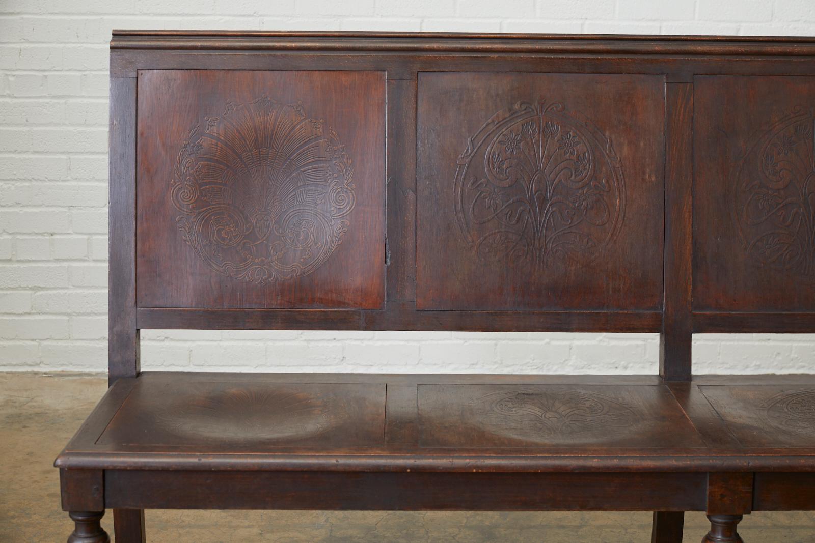 Embossed English Oak Bench Settle with Art Nouveau Panels