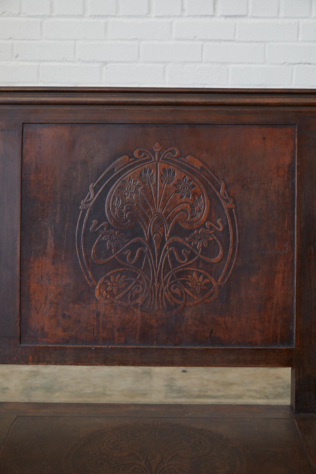 Wood English Oak Bench Settle with Art Nouveau Panels