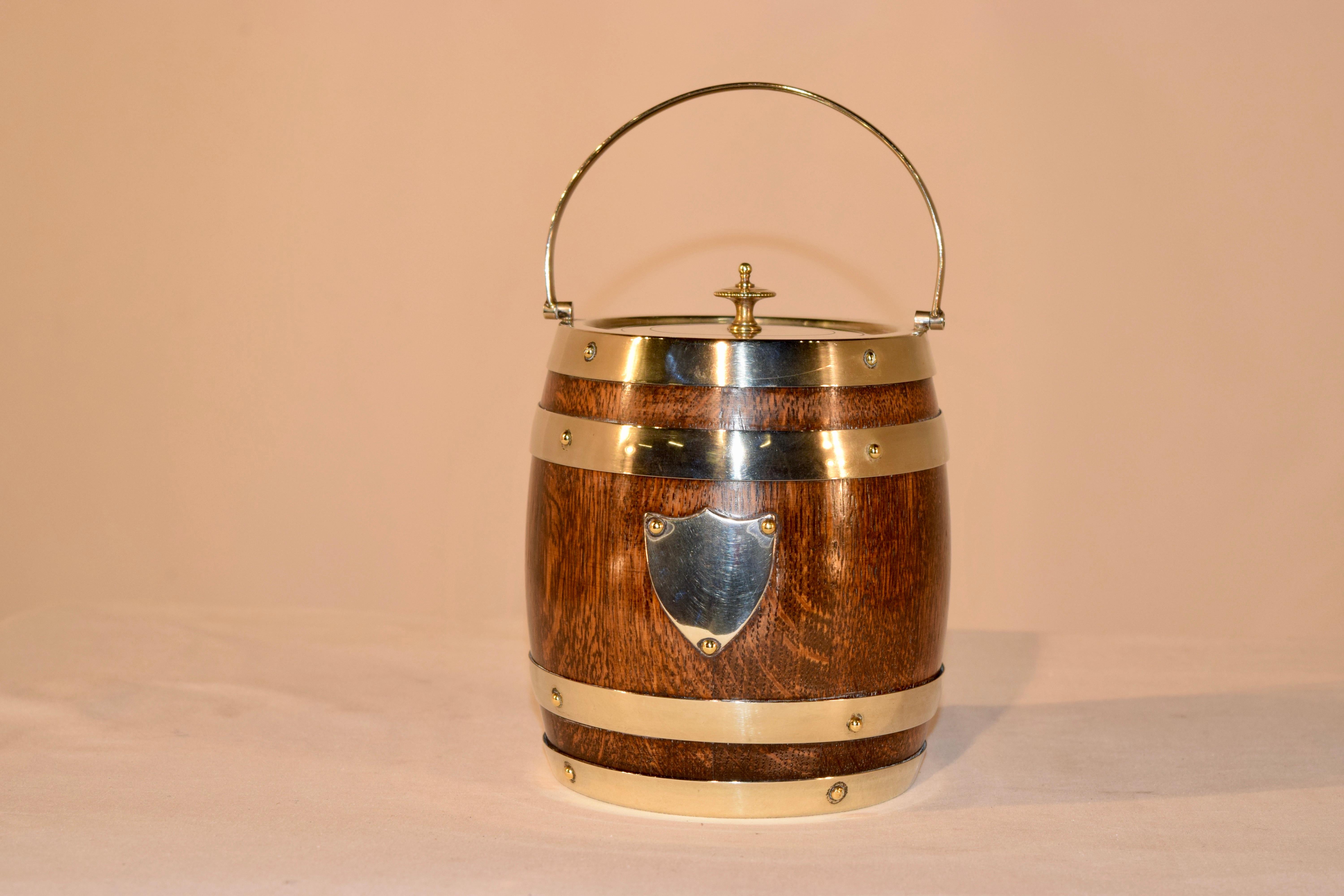 Silver Plate English Oak Biscuit Barrel, circa 1900