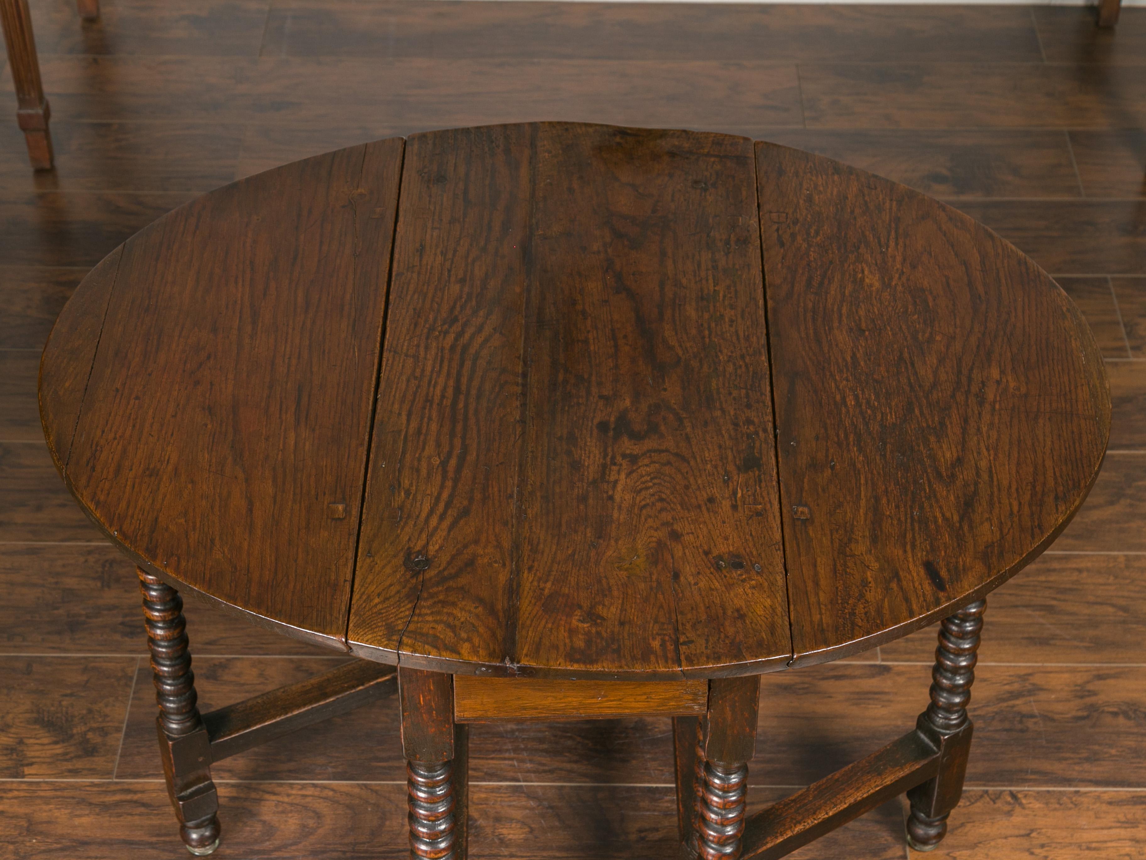 English Oak Bobbin Leg Drop-Leaf Oval Table with Single Drawer and Stretchers 5