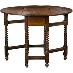 English Oak Bobbin Leg Drop-Leaf Oval Table with Single Drawer and Stretchers