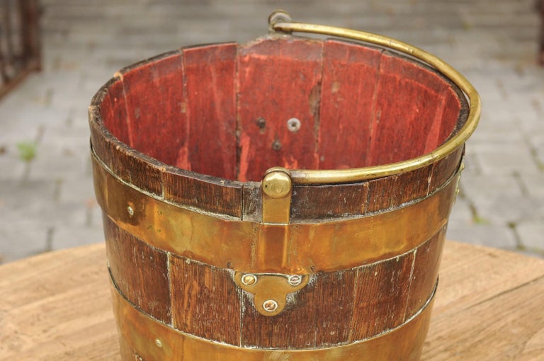 English Oak Bucket with Brass Handle and Horizontal Braces, circa 1880