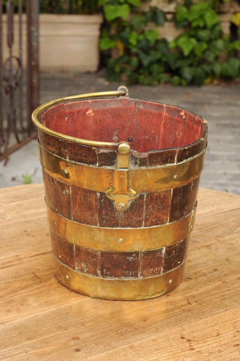 English Oak Bucket with Brass Handle and Horizontal Braces, circa 1880