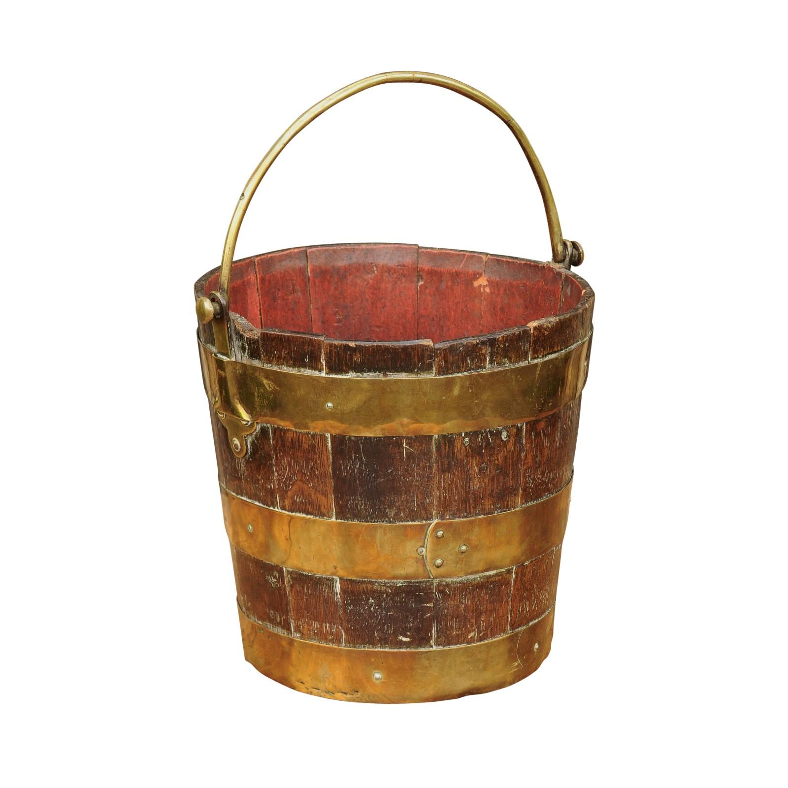 English Oak Bucket with Brass Handle and Horizontal Braces, circa 1880 For Sale