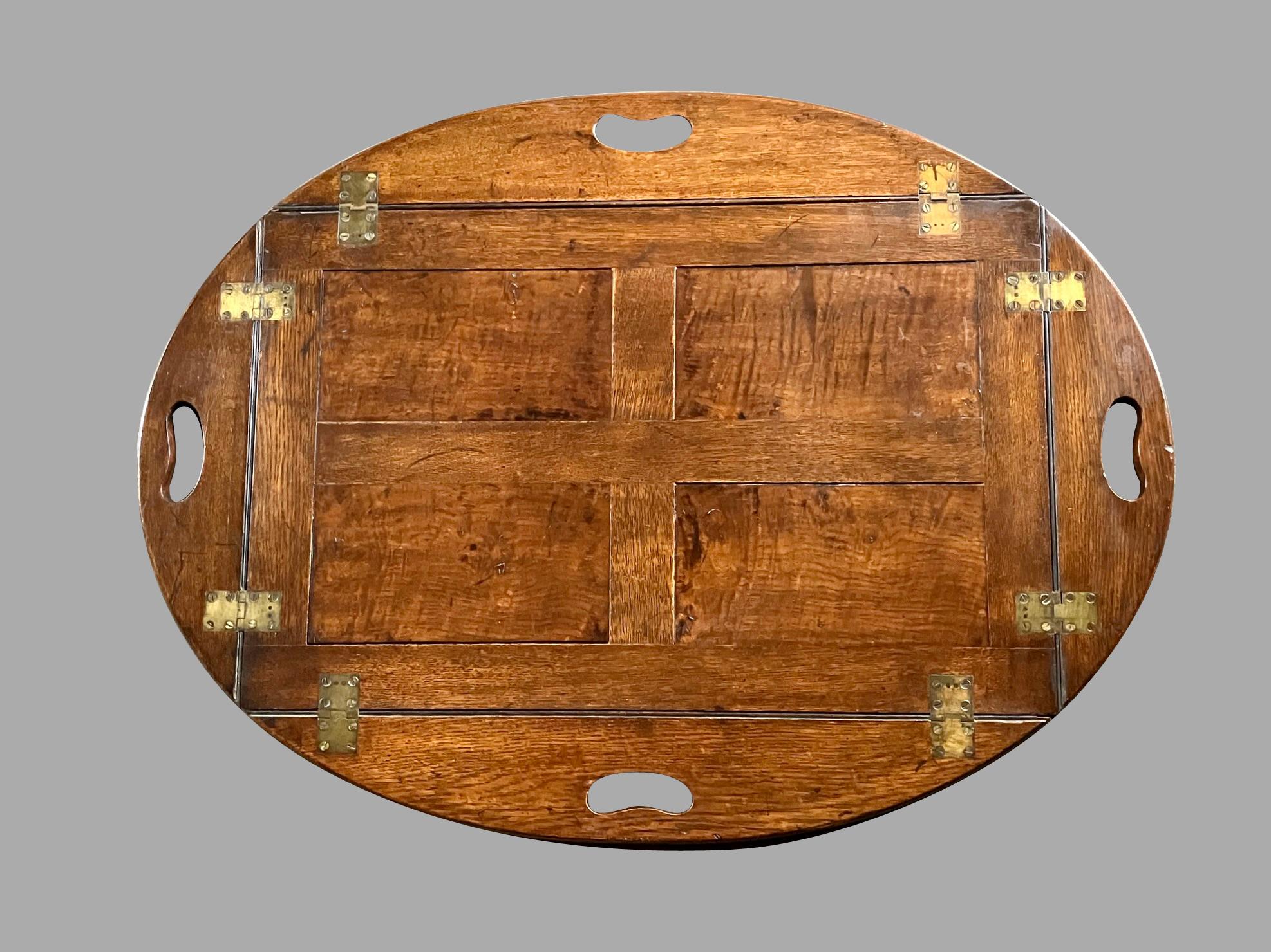 English Oak Butler's Table with Collapsible Sides on Folding Mahogany Stand In Good Condition For Sale In San Francisco, CA