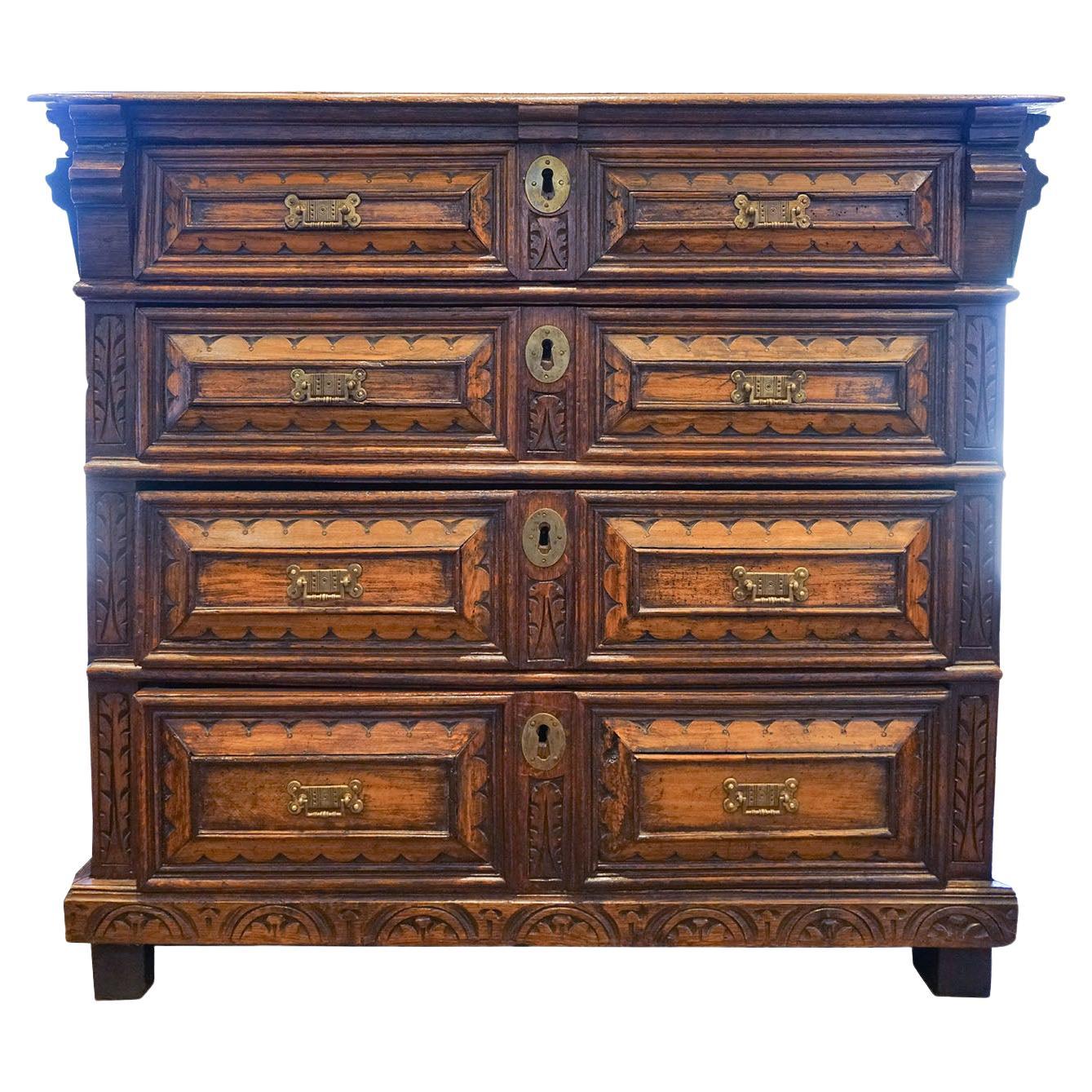 English Oak Carved Chest of Drawers For Sale
