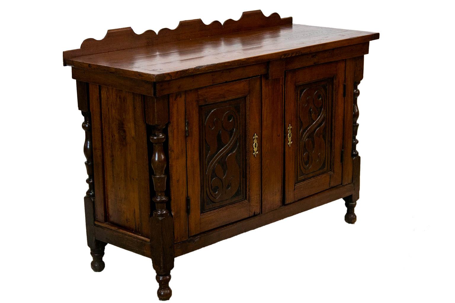 Brass English Oak Carved Serving Cabinet For Sale
