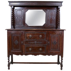 English Oak Carved Sideboard Mirrored Credenza Buffet Arts & Crafts