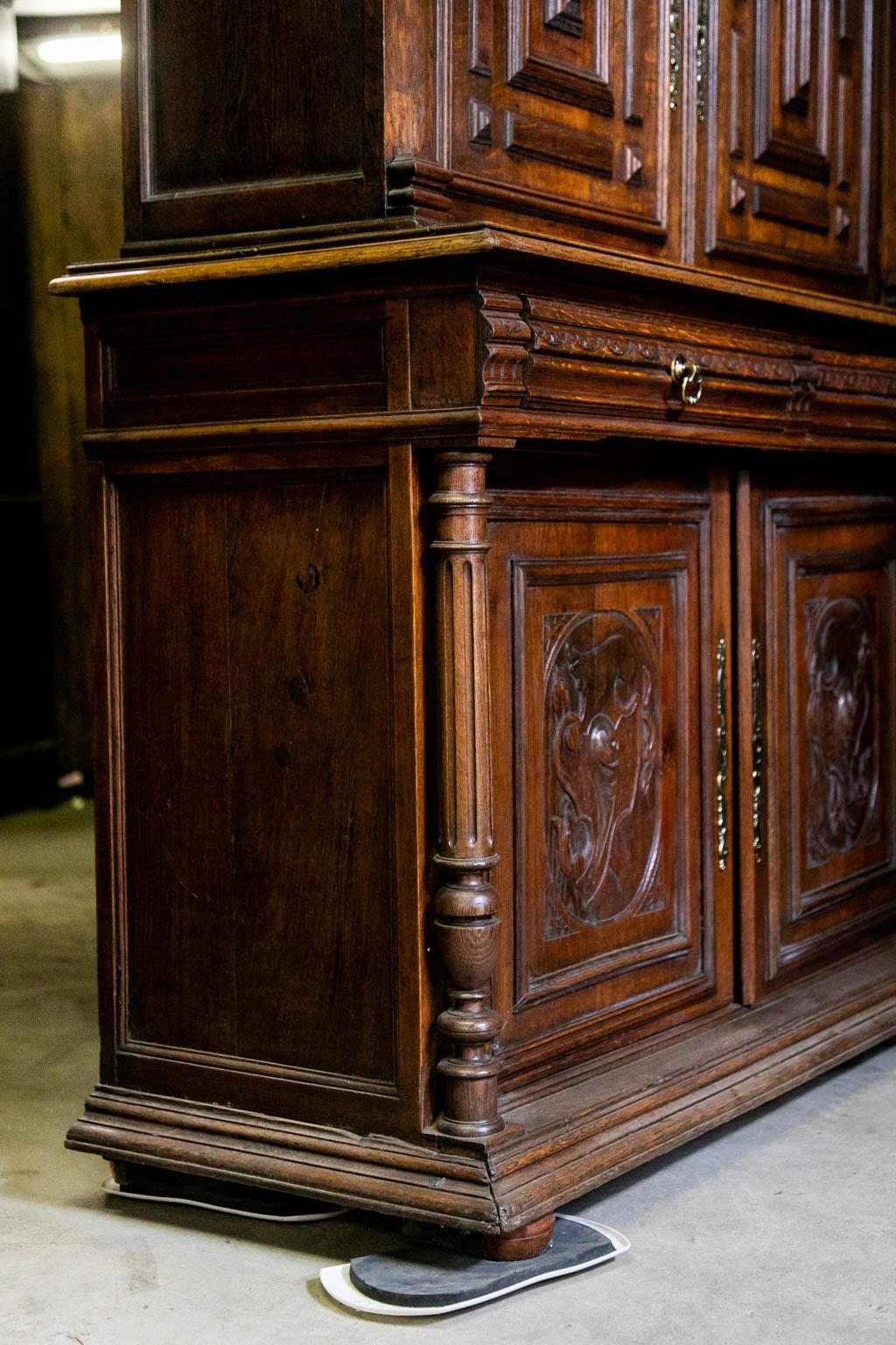 English Oak Carved Stepback Cupboard For Sale 9