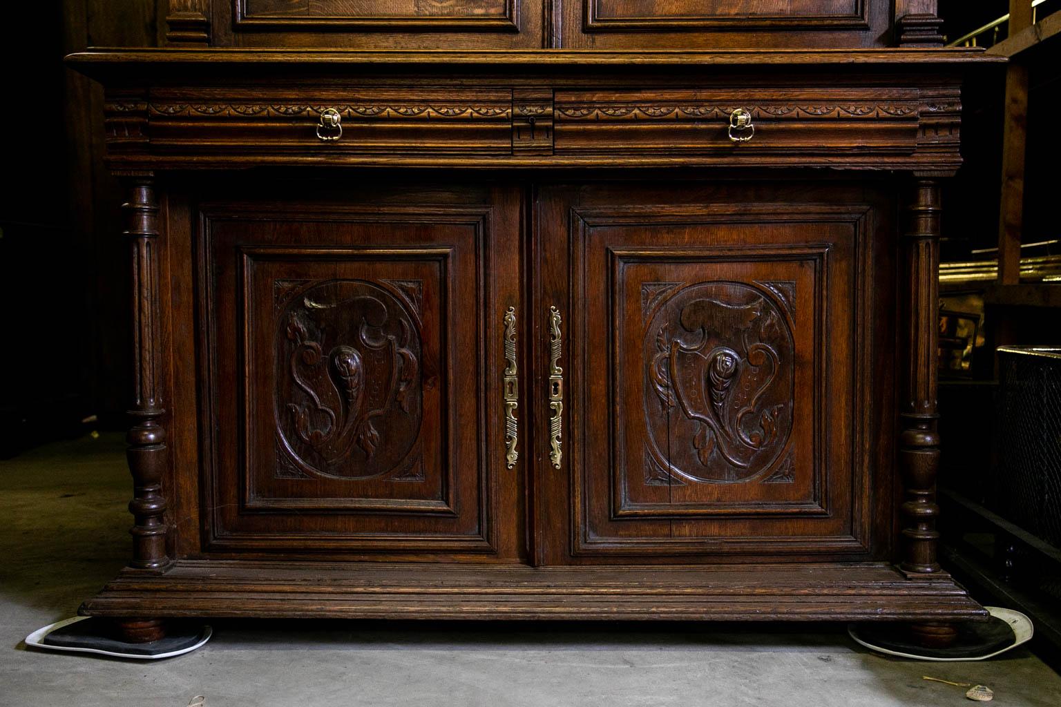 Brass English Oak Carved Stepback Cupboard For Sale