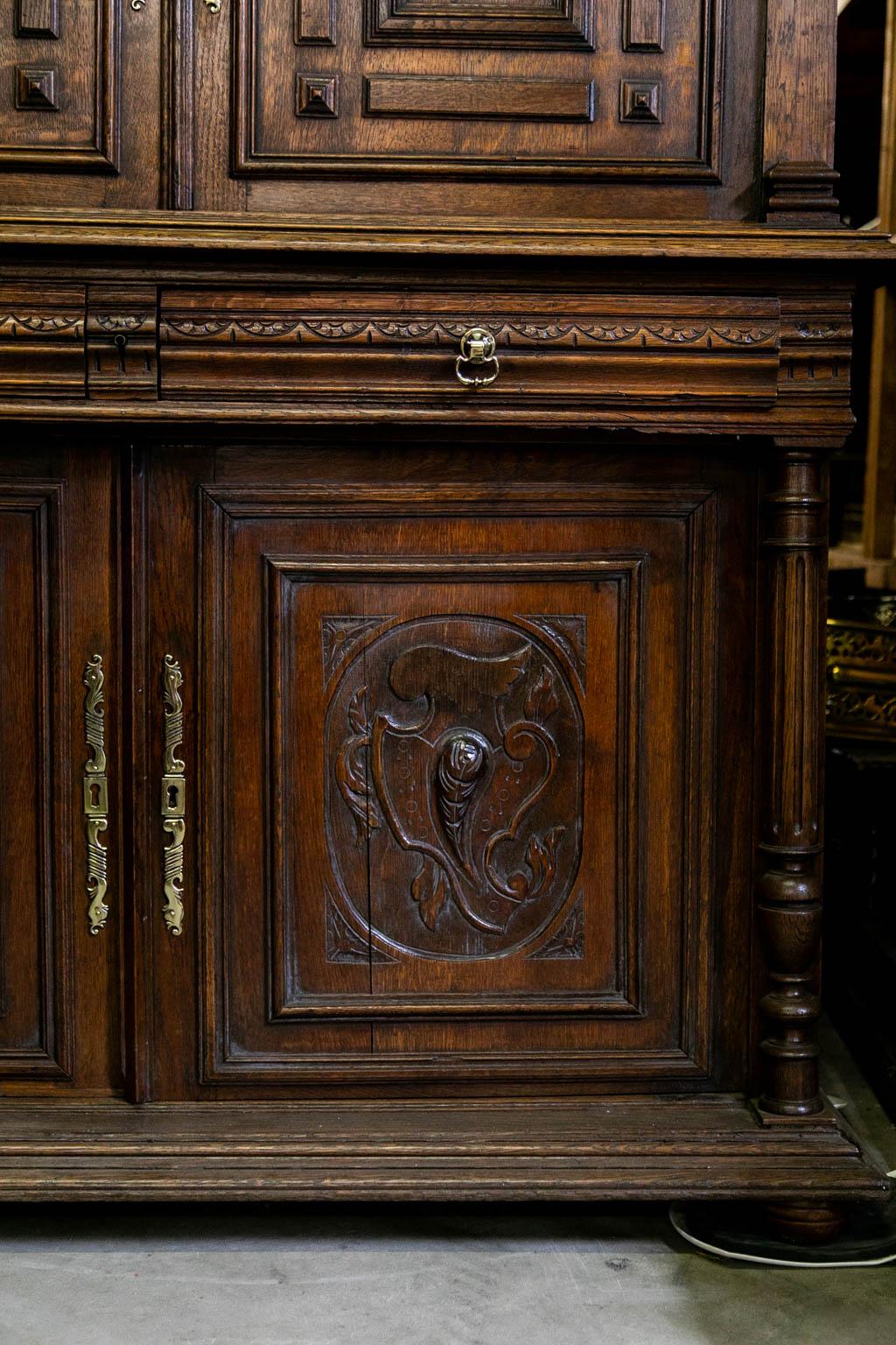 English Oak Carved Stepback Cupboard For Sale 1