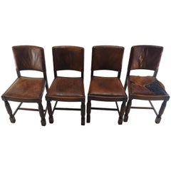 English Oak Chairs with Leather Seats, 19th Century