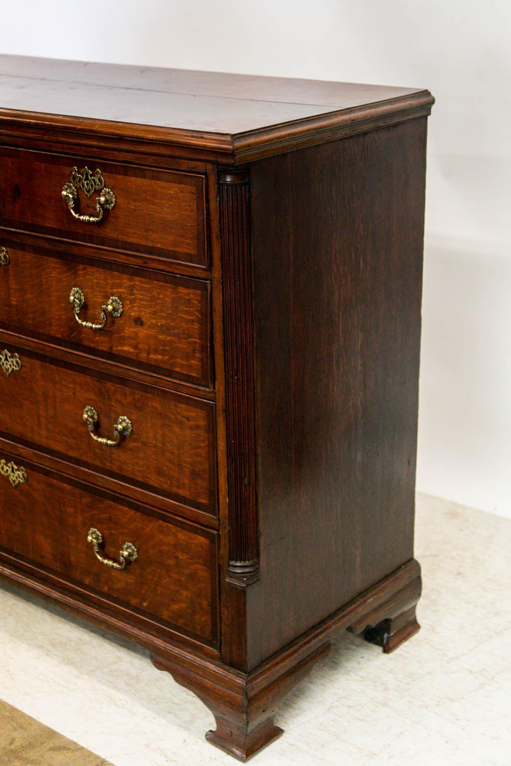 Brass English Oak Chest of Drawers For Sale