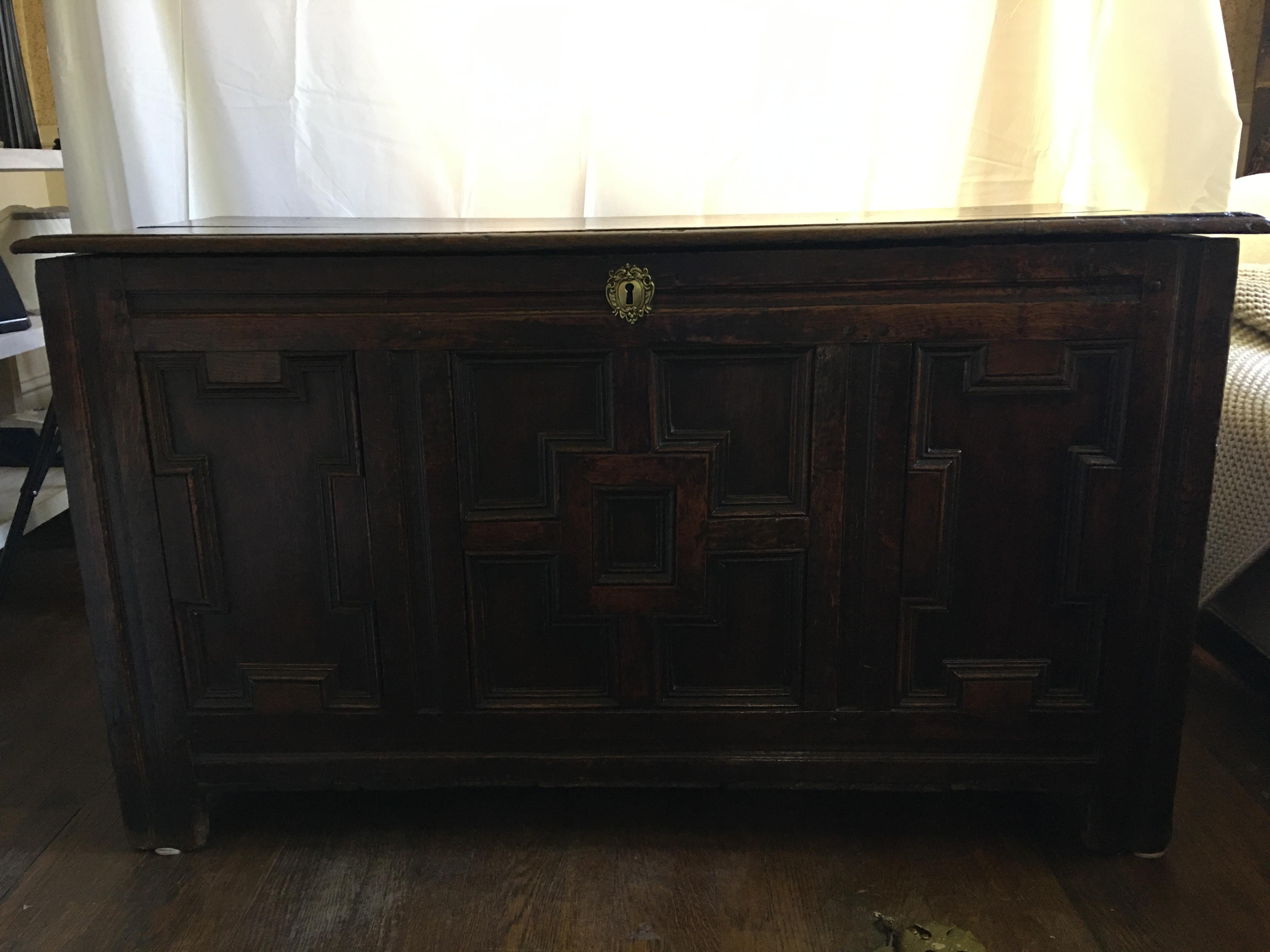 19th Century English Oak Coffer with Geometric Raised Panels on Coffer Front, circa 1690