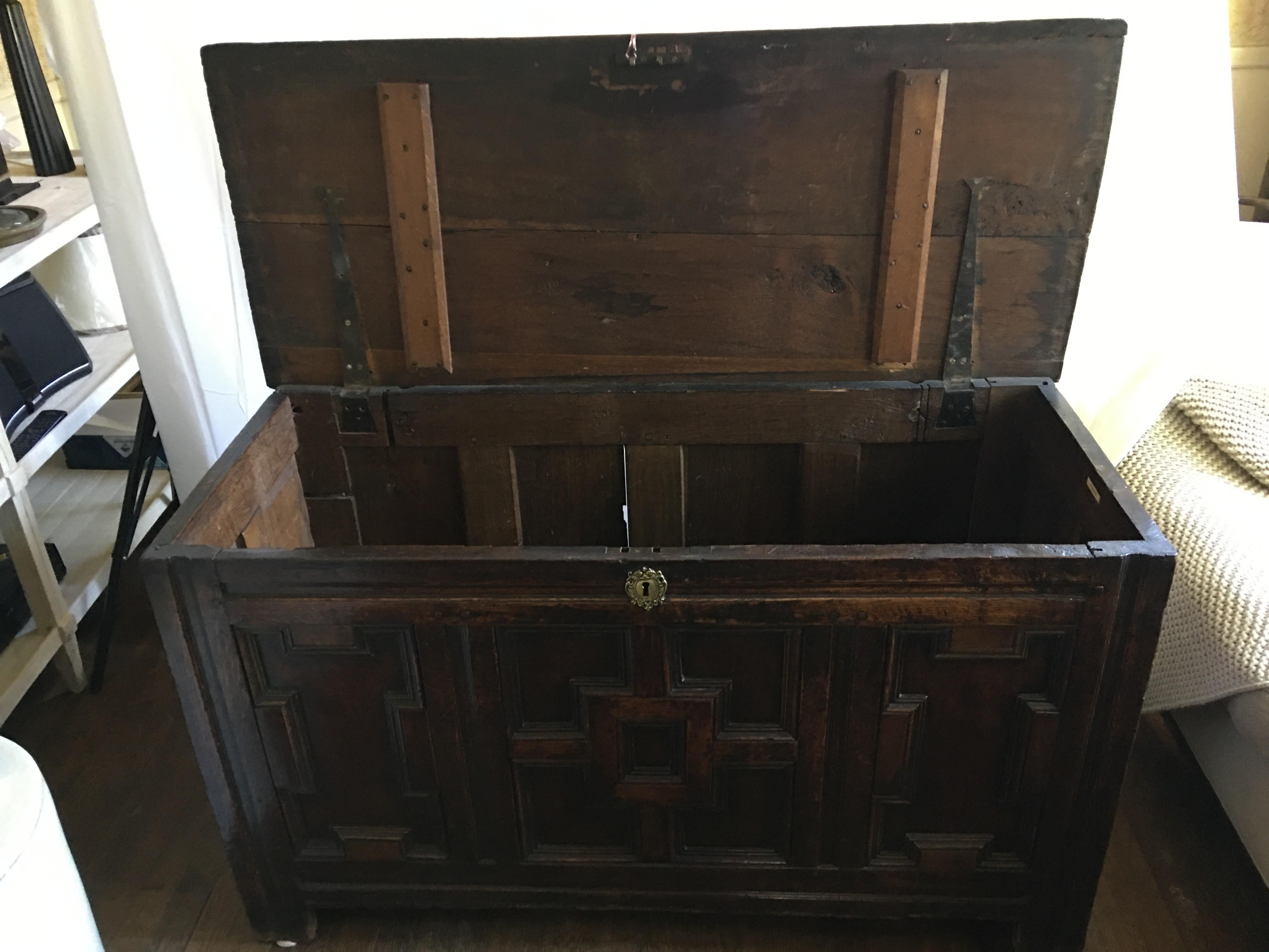 English Oak Coffer with Geometric Raised Panels on Coffer Front, circa 1690 3