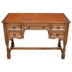 English Oak Desk Carved Leather Writing Table Kneehole