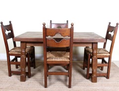 English Oak Dining Table and 4 Chairs Country Arts & Crafts Rustic Rush Country